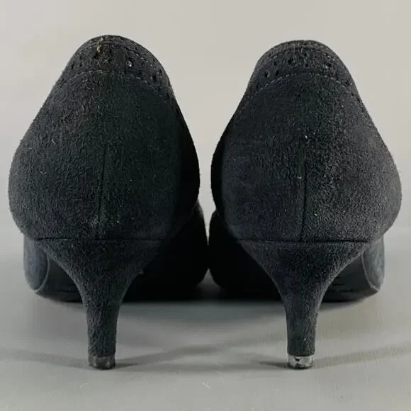 SERGIO ROSSI Size 6.5 Navy Suede Perforated Kitten Heel Pumps